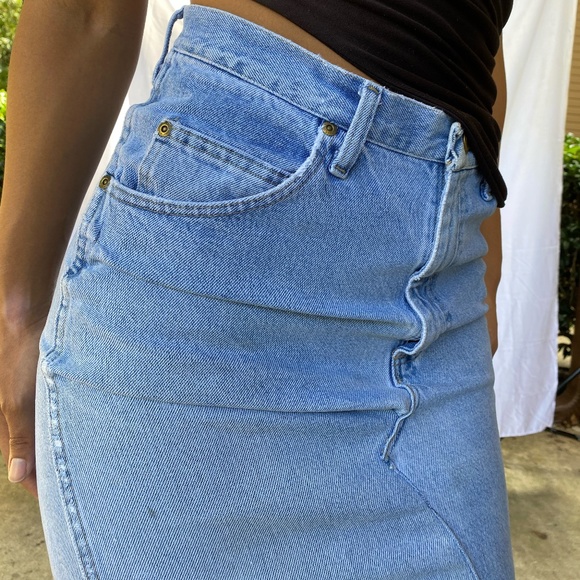HIGH WAIST SPLIT THIGH REIMAGINED RAW EDGE CUSTOM DENIM SKIRT 27/28 WAIST 38-40 - Picture 2 of 3